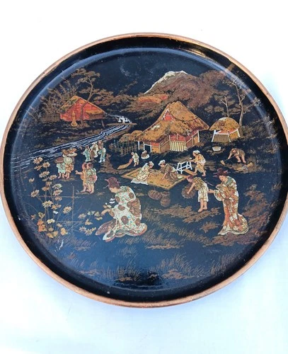 Vintage Hand Painted Asian Black Lacquer Serving Tray 9.75"