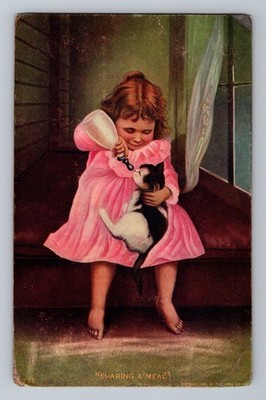 Little Girl Gives Kitten Milk Illustration 1906 Greetings Postcard