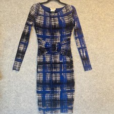 Fuzzi Dress Womens Medium Blue Black Plaid Long Sleeve Bodycon Bow Mesh Stretchy