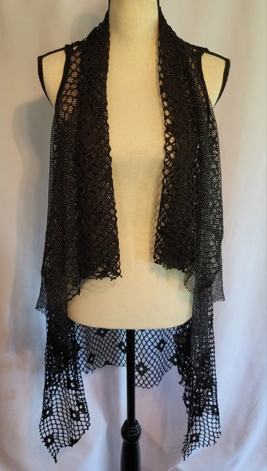 ☆VINTAGE 90s☆Black Silk Mesh Open Cardigan Glitter Sleeveless L Gypsy High-Low - Image 3 of 4