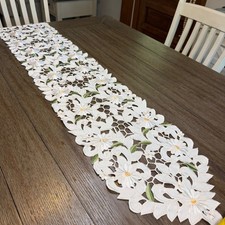 White Daisy Floral Embroidered Cutout Table Runner 11x62 Summer Spring Decor