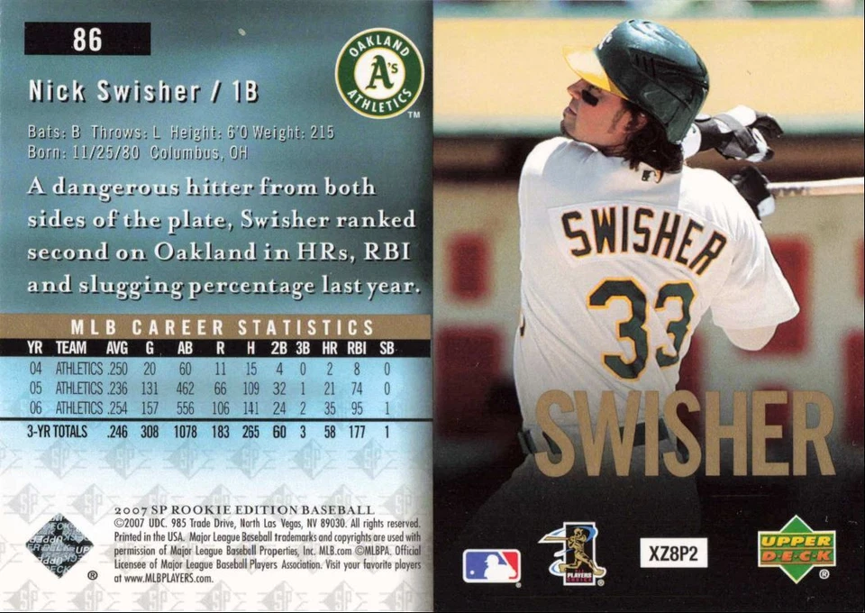 2007 SP Rookie Edition Nick Swisher Oakland Athletics #86 - Image 2 of 2