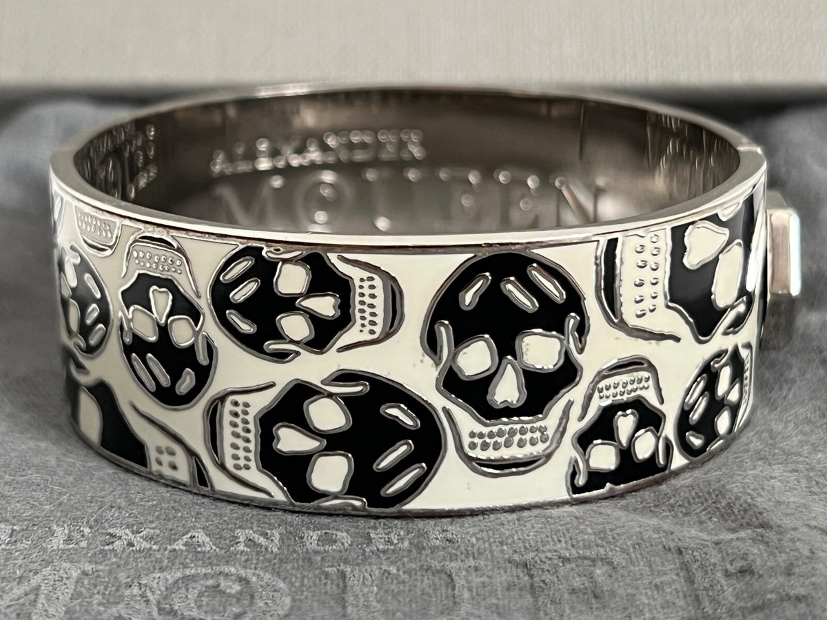 Alexander McQueen Skull Icon Logo White Black Enamel Silver Hinged