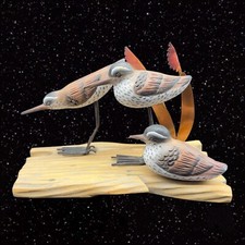 Carved Birds on Wood Folk Art Figurine Hand Painted Wood Metal 6  T 6.5  W