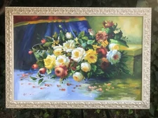 W BARNETT Original HUGE MODERN FLORAL IMPRESSIONIST STILL LIFE Oil on Canvas 