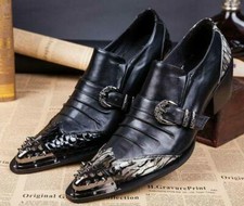 Men Pleated Leather Rivet Pointy Metal Toe Slip On Oxfords Dress Nightclub Shoes