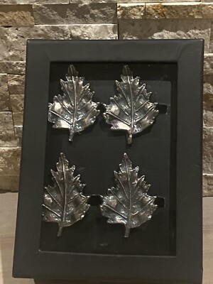 RACHEL ZOE  NAPKIN RINGS Set Of 4 LEAVES SILVER BLUE METAL New In Box