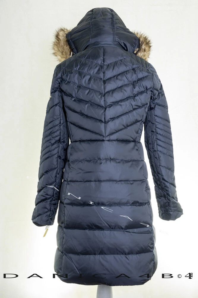Cappotto tampone Michael Kors donna finiture in pelliccia sintetica con cappuccio trapuntato S blu navy