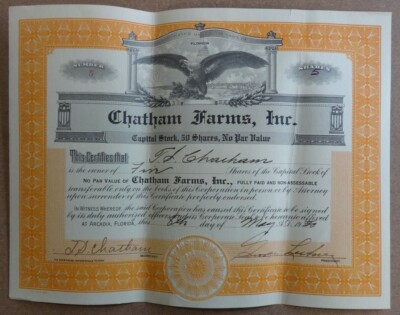 Chatham Farms Florida 1930 share certificate ONLY 50 SHARES WERE ISSUED