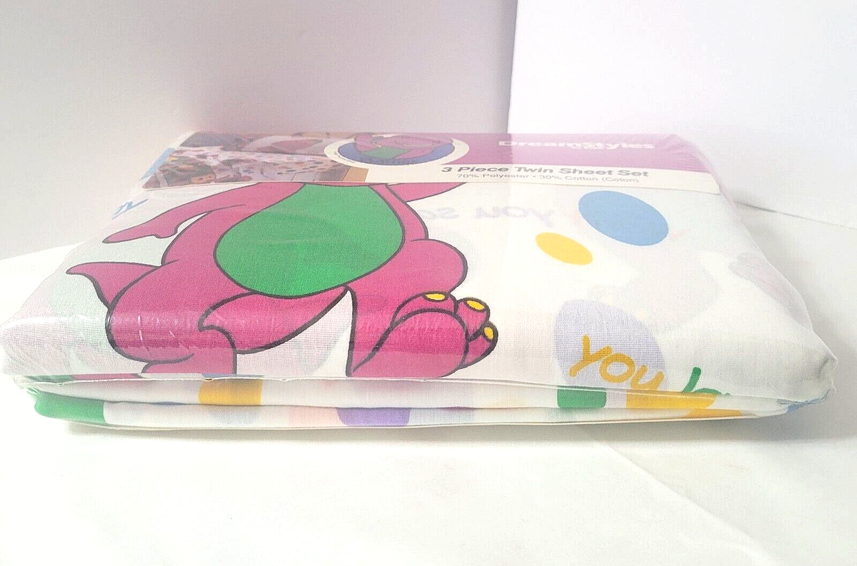 Barney Twin Sheet Set NEW 3 Pieces Fitted Flat Sheet Pillowcase