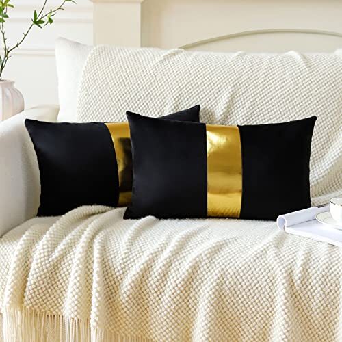 Velvet Throw Pillow Covers with Gold Leather 12x20 Inch (Pack of 2) Black - Afbeelding 3 van 7