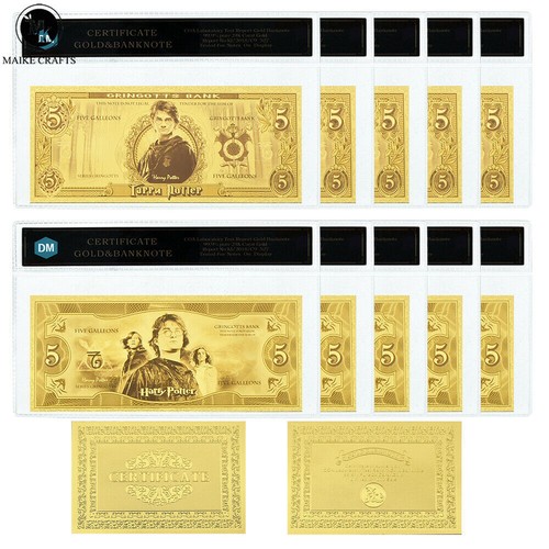 10pcs Harry Potter 5 Galleons Gold Foil Banknotes with COA Bag