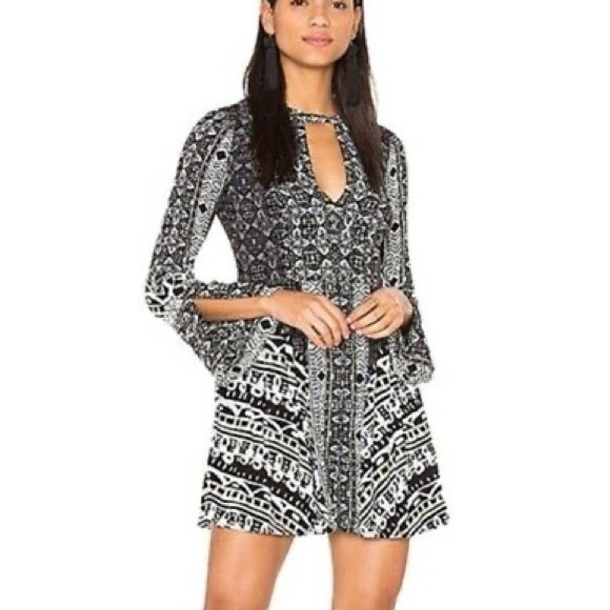 Free People Tegan Border Print Mini Dress Black White Women's Sz 6/8 | eBay