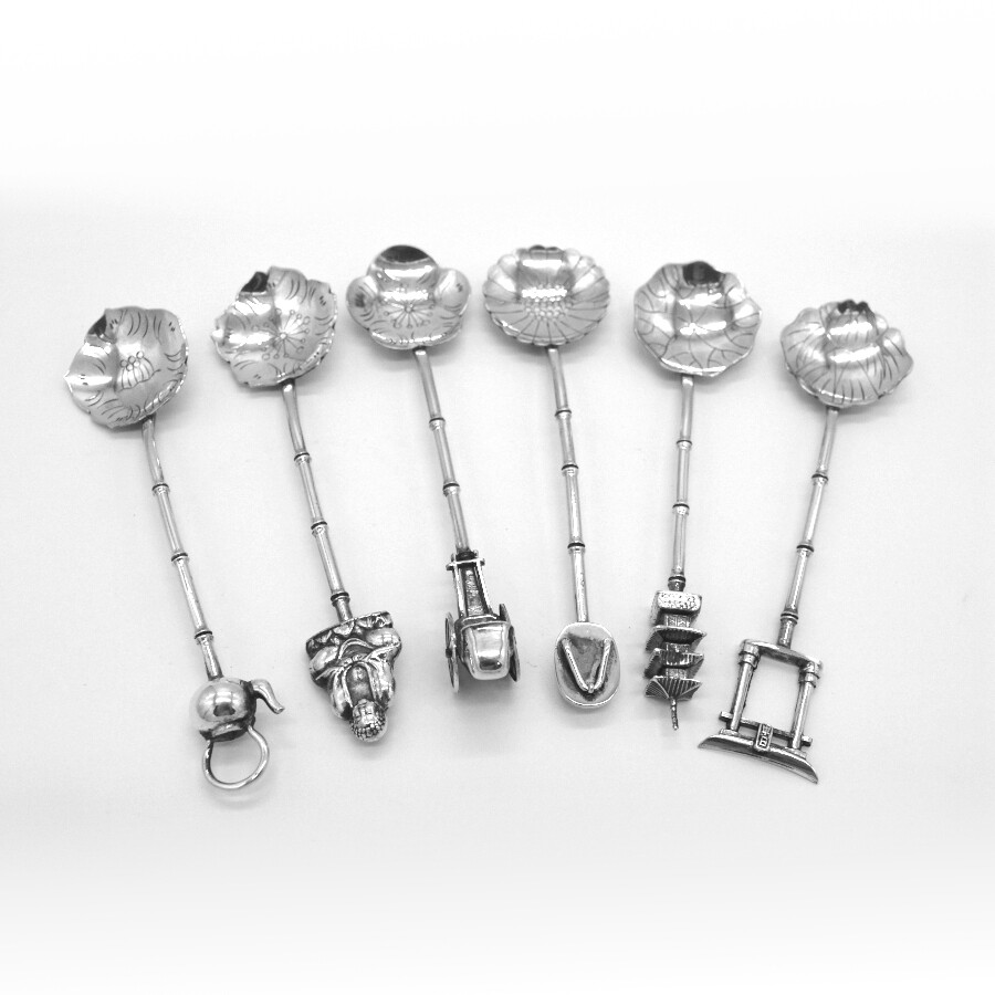 Japanese Figural 6 Demitasse Spoons Set 950 Sterling Silver Tanaka