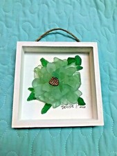 Medium Sea Glass Seafoam Sunflower on White wood frame, OOAK 222