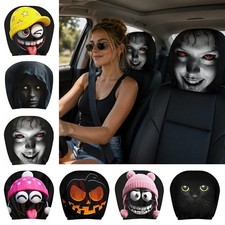 2Pcs Black Car Seat Cover Scary Face Printing Car Headrest Protector  Halloween