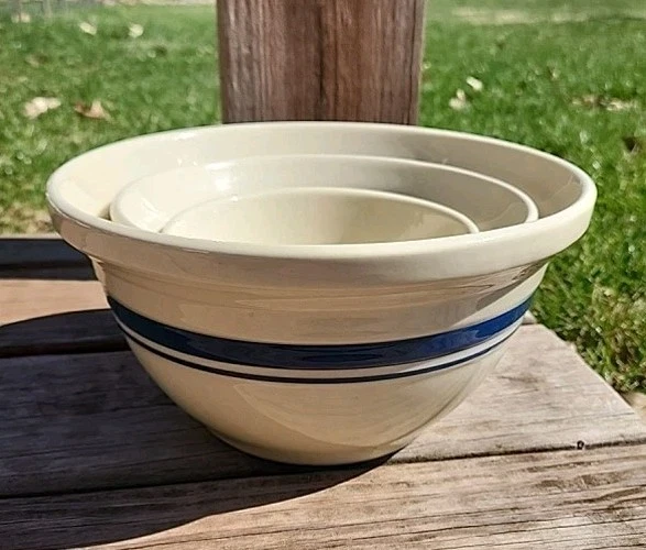 Set of 3 Roseville Friendship Pottery Stoneware Nesting Mixing Bowls-Blue Band