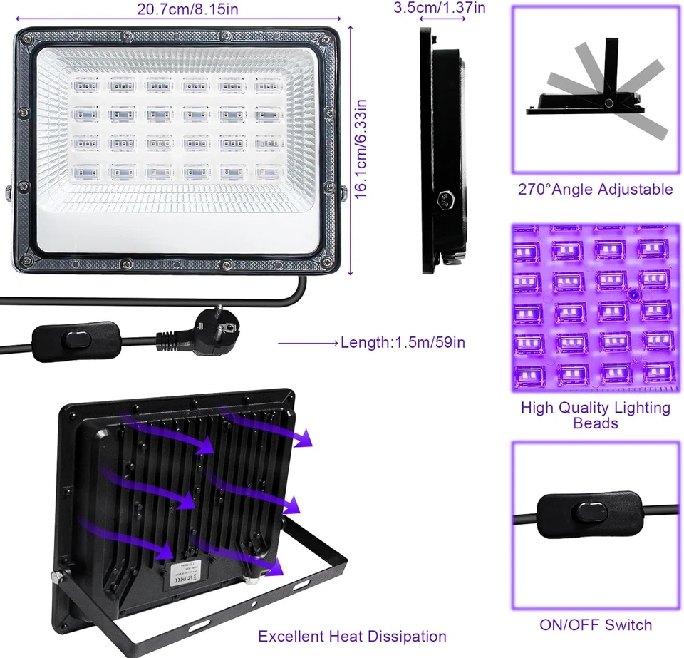 LED Luce Nera 50W, Faro UV LED IP66 Impermeabile Faretto UV, Lampada per Poster  - Immagine 2 di 4