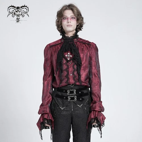 Devil Fashion Men Red Retro Gothic Victorian Vampire Ruffle Long Sleeve Blouse