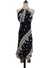 Vtg Y2K Black White Polka Dot Halter Midi Dress Chiffon Preppy Cocktail Sz M