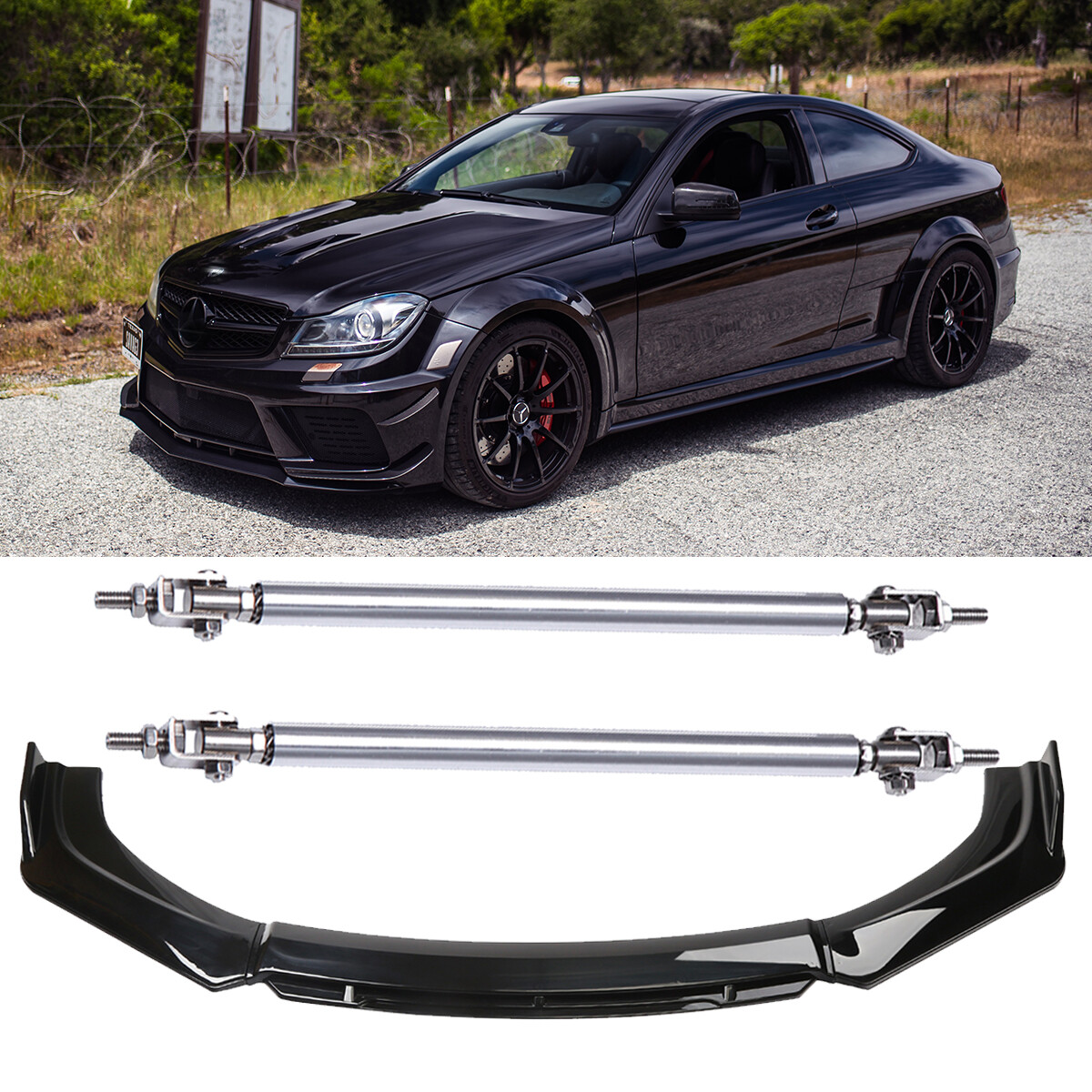 Front Bumper Lip Spoiler Splitter Kit + Strut Rods For Mercedes C63 AMG – Carbon Look, 4 Pieces