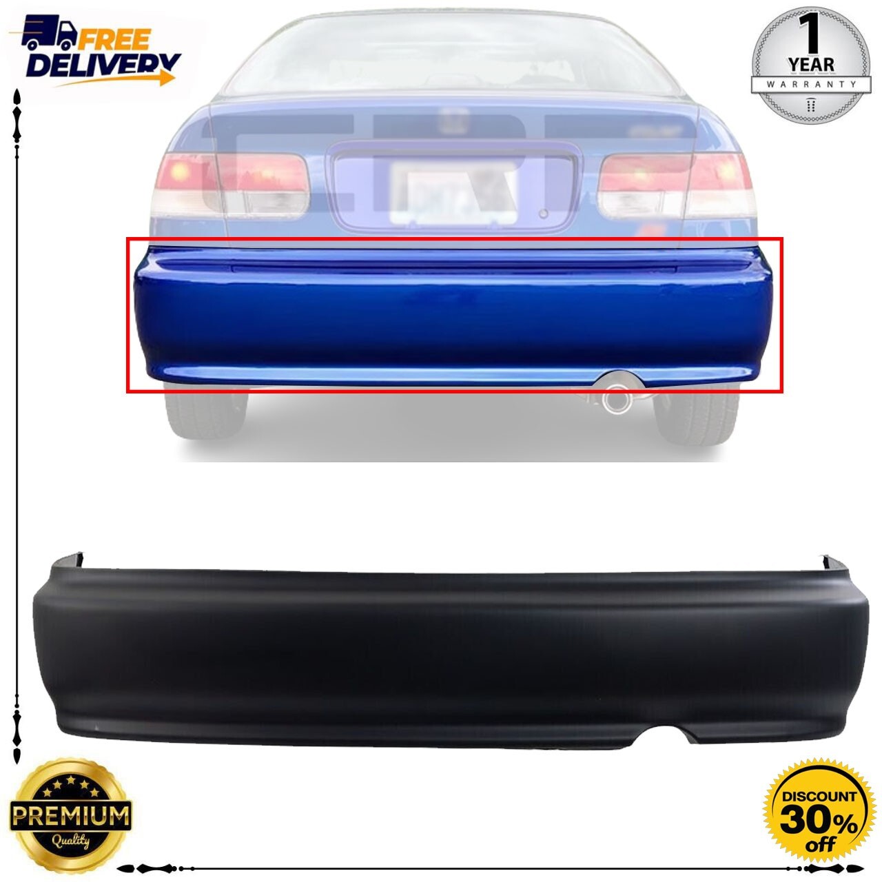 Rear Bumper Cover Primed For 1996-2000 Honda Civic HO1100190