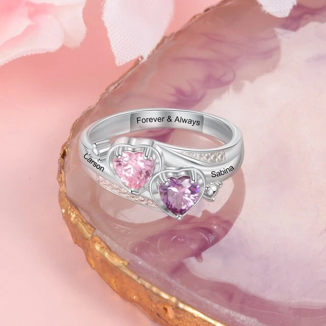 Anillo de piedra de nacimiento personalizado de dos nombres grabado joyería pareja regalo romance corazón Foto 3 de 4