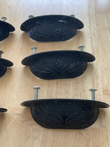 Lot of 9 Victorian Style Cabinet Drawer Bin Pull Black Iron Cup 4" W x 1 3/8" H - Picture 5 of 8