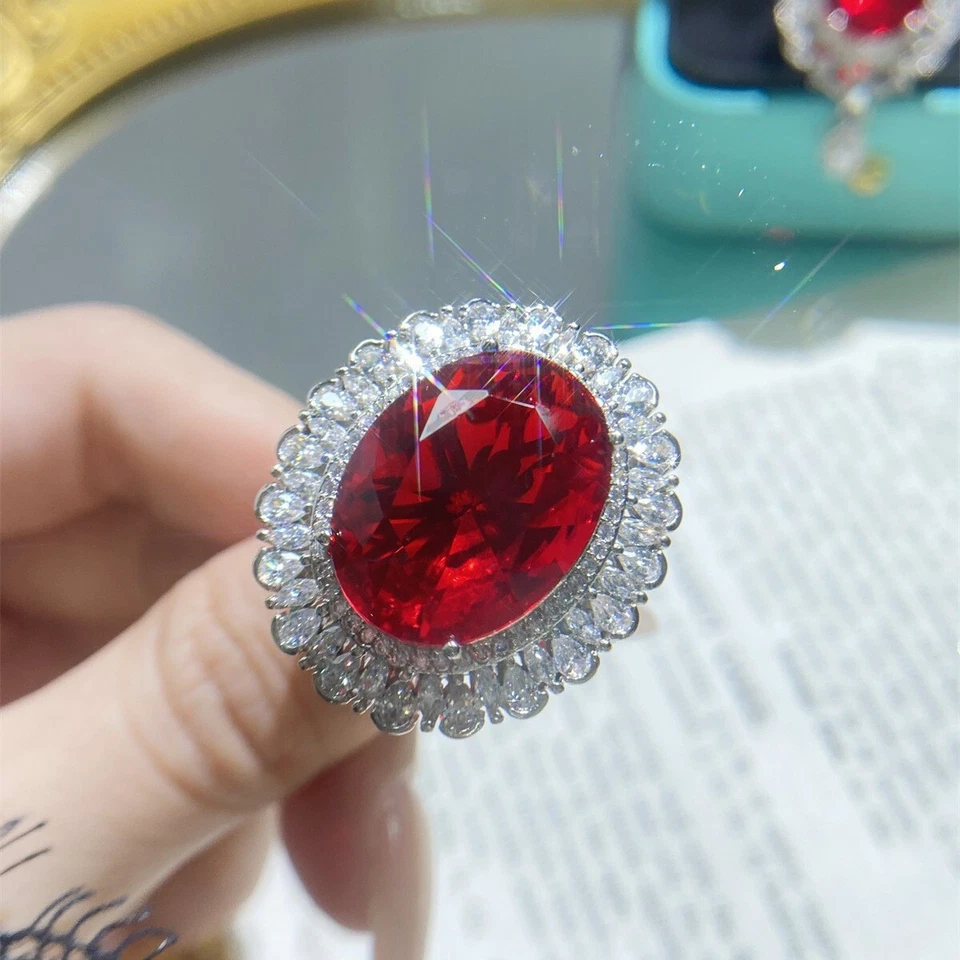 Novos anéis femininos de prata de luxo de 18 mm granada vermelha corte oval topázio branco pedra preciosa grande - Imagem 4 de 4