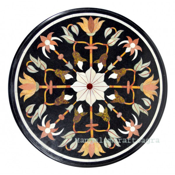 18-Inch Black Marble Table with Semi-Precious Stone Inlay Handmade Art Decor