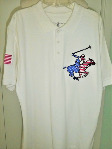 beverly hills polo club mens white polo shirt w/red, white and
