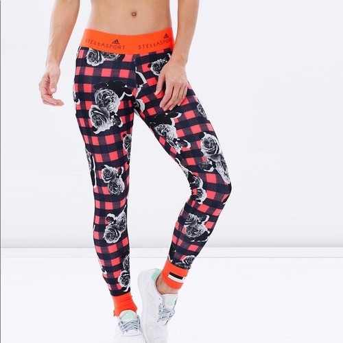 Adidas Stella Sport Neon Orange Plaid Roses Leggings Ankle Zip Workout SIZE  M | eBay