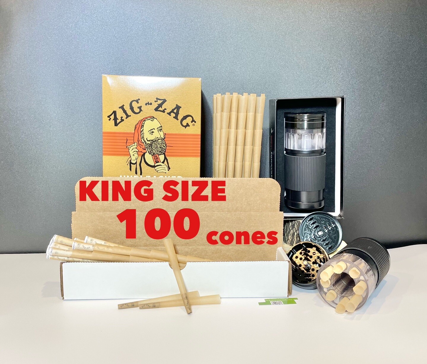 Zig Zag Unbleached King Size Pre Rolled Cone + 8 Cone Shooter  With Grinder
