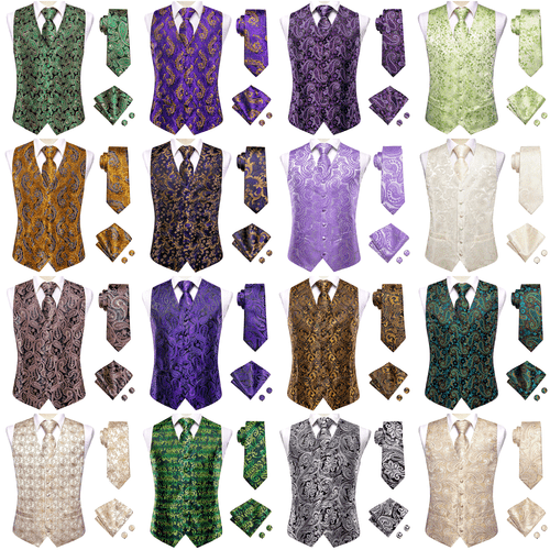 Mens Waistcoat Paisley Floral Solid Vest Tie Set Wedding Casual Tuxedo Gilet - Picture 1 of 140