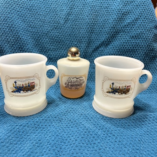 Vintage 2 Avon Milk Glass Shaving Mugs/Cups iron Horse Railroad Train