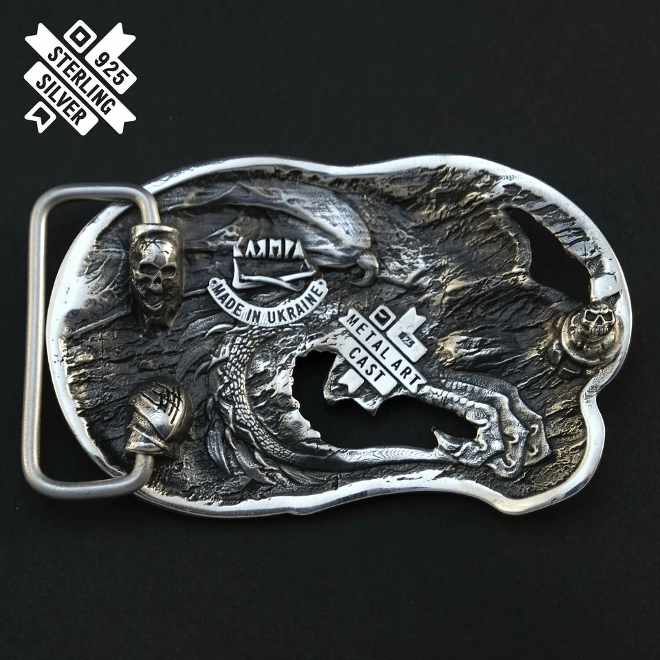 Hebilla de cinturón Cabeza de Jormungandos, Serpiente sólida Plata de Ley 925 Hebilla de cinturón Foto 2 de 4