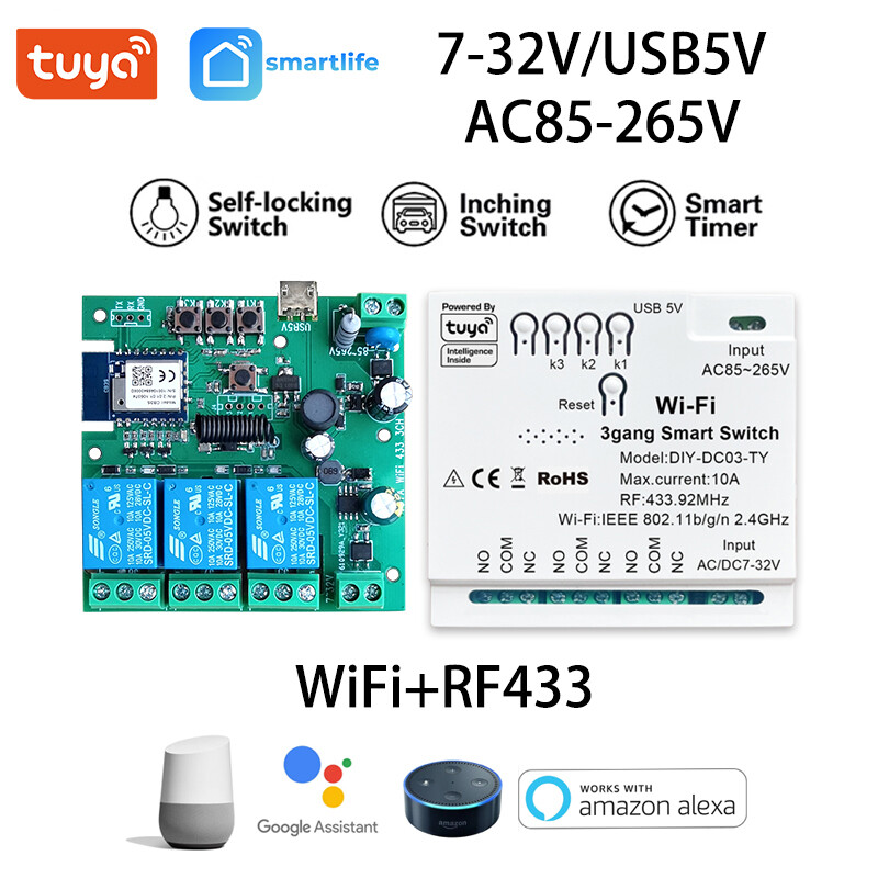 Tuya Smart 3-Channel WIFI RF433 Remote Voice Control Switch for Alexa 5V 12V