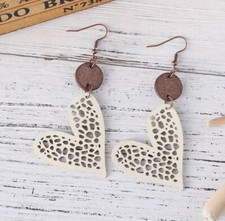 Boutique Beige Leather/Wood Boho Cutout Heart Shaped Dangle Earrings ⭐️