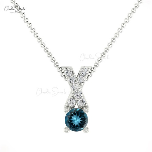 5mm London Blue Topaz X Pendant 14K Gold Diamond Wedding Necklace Gift For Women - Picture 19 of 22