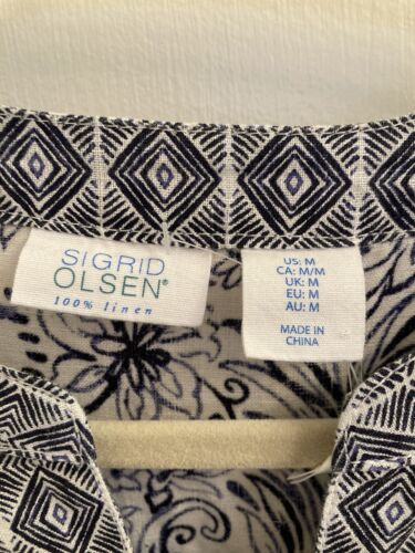 Sigrid Olsen Linen Shirt Blue Floral Batik Boho 3/4 Sleeve Tunic Medium NEW - Picture 4 of 8