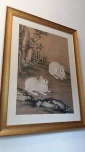 Chinese rabbit picture in gilt frame signed with monogram lovely picture