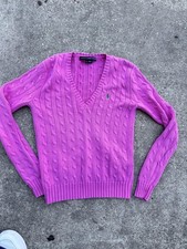 Ralph Lauren Sport Sweater Womens M Pink V-Neck Cotton Cable-Knit Pullover