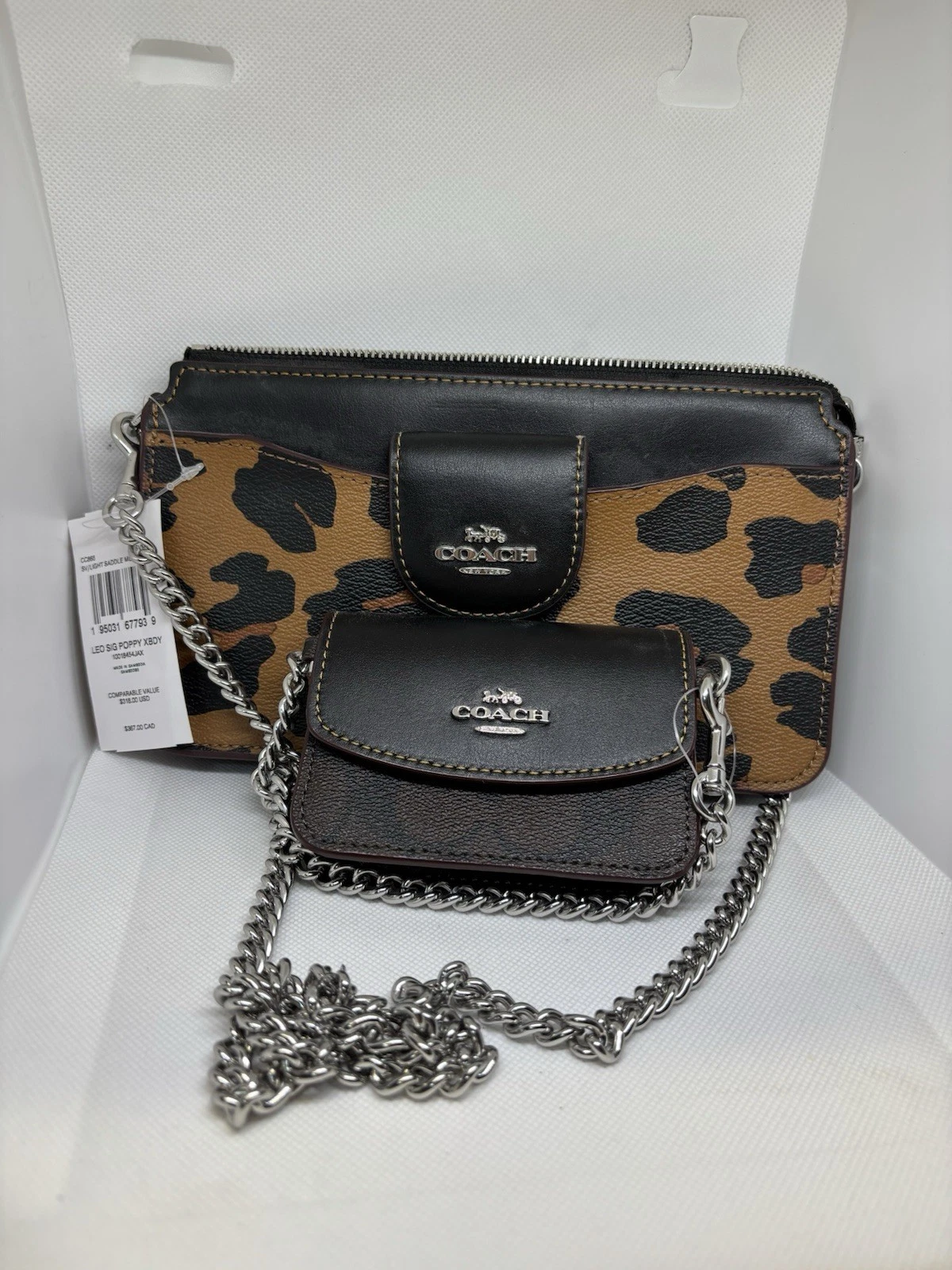 NUOVA tracolla Coach Poppy con custodia stampa leopardata e tela firmata $318