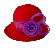 Red Society Hat Purple Mesh Flower Band Bucket Women’s  Derby Tea Party