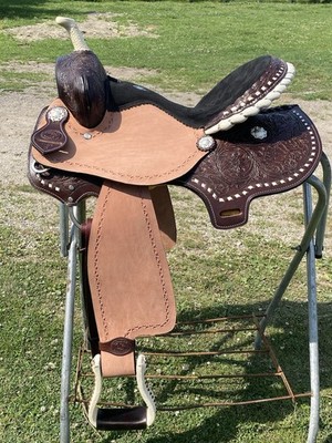 15'' Jackpot  Western barrel saddle tooled/buckstitched leather, roughout fenders