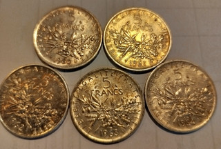 Lot de 5 pièces de 5 francs en argent