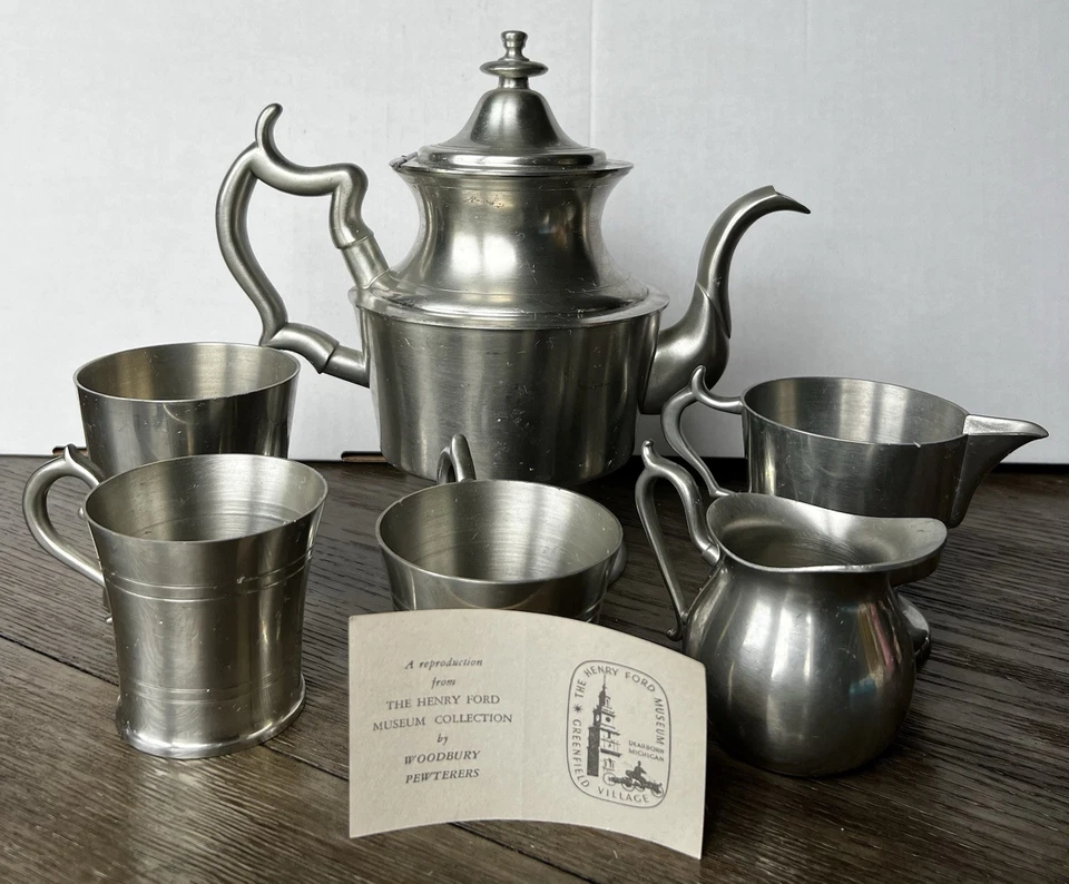 Cafetera de peltre Woodbury de colección de 6 piezas con tapa de 9" de alto, 10" de ancho con mango Foto 4 de 4