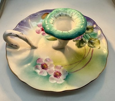 French Chamber Candle Holder Decore a la Main  Hand Painted Floral Design Vtg