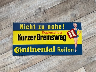RAR Orig. rechteckiges Blechschild Continental Reifen Pin Up Girl mit R 1950er