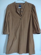 VTG Gap Dress Womens Sz Small Brown Corduroy Henley Shift Mini Puff Sleeve C594